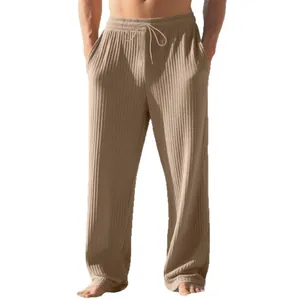 Men's khaki ribbed wide-leg trousers with drawstring waist for casual lounge wear