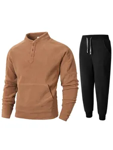 Heren Polar Fleece Trainingspak Set Opstaande Kraag Henley Sweatshirt En Trekkoord Joggingbroek Warme Casual Winter Outfits