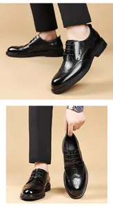 Close-up of black leather brogue shoes with elegant wingtip carving and lace-up design