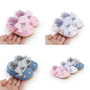 Newborn Baby Girls Princess Walking Shoes Soft Sole Non Slip Cotton Cloth Floral Embroidery Butterfly Knot First Walker