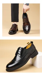 Detailed view of men's leather brogue shoes with intricate carved patterns in black and brown.