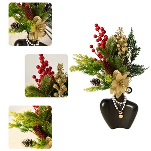 Detailed view of artificial Christmas floral bundle with berries and pine cones.