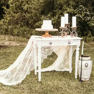 Elegant French white lace table runner with 3D floral embroidery for wedding party decor