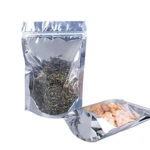 Clear silver stand-up pouch with zipper for food storage, including tea and snacks.