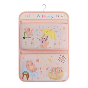 Cute pink multi-layer hanging mesh storage bag with cat illustrations for closet