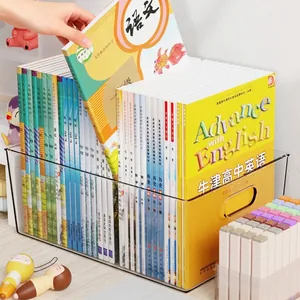 Transparent high-clarity desktop organizer box filled with textbooks and school supplies
