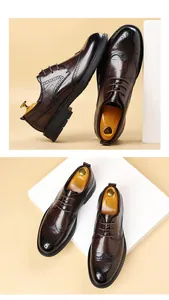 Detailed view of men's brown leather Brogue shoes with croc-embossed texture