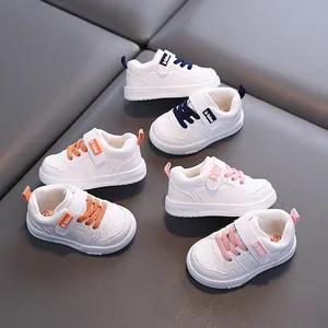 Toddler waterproof microfiber leather white sneakers with colorful laces for boys and girls