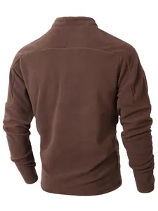Back view of a men's brown fleece sweatshirt with a high collar and slim fit design