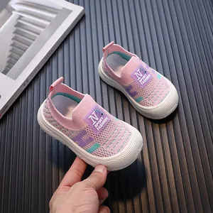 Pink breathable knit sneakers for toddlers with non-slip soft soles for kids