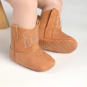Bottes de cowboy marron pour bébé avec broderie blanche et semelle souple antidérapante