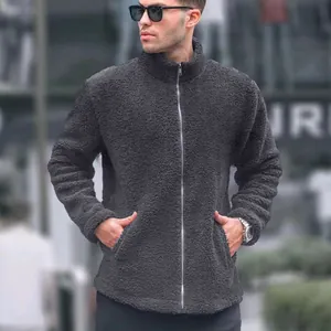 Men's dark grey sherpa fleece zip-up jacket with stand collar and side pockets