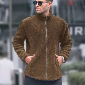 Men's stand collar brown teddy fleece jacket with full zip and cozy soft texture.