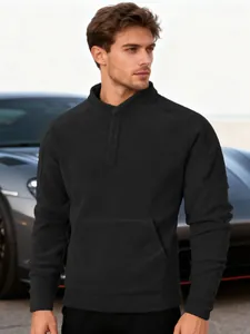 Detail view of men's black slim-fit fleece sweatshirt with stand collar and pocket