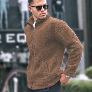 Detailed view of a men's brown sherpa fleece zip-up jacket with stylish stand collar