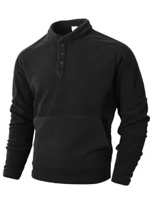Detailed view of a men's black fleece stand collar sweatshirt with buttoned neckline