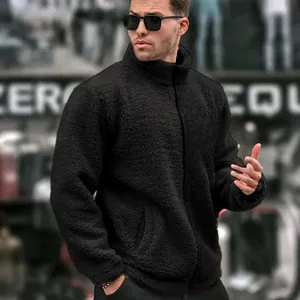 Men's stylish black stand collar sherpa fleece jacket with full zip and warm pockets.