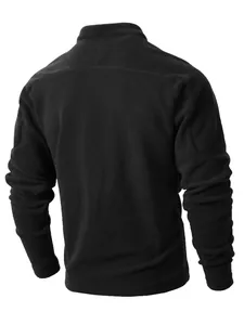 Rear view detail of a men's slim fit black fleece jacket with high stand collar design