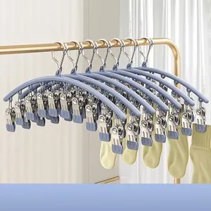 Multi-Functional Stainless Steel Sock Drying Rack With 10 Non-Slip Clips Windproof Hook For Laundry Underwear Balcony Organization
