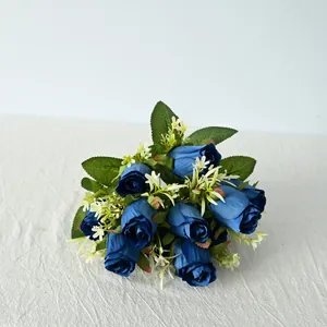 Elegante ramo de 11 rosas artificiales azules para la decoración de hogar y bodas