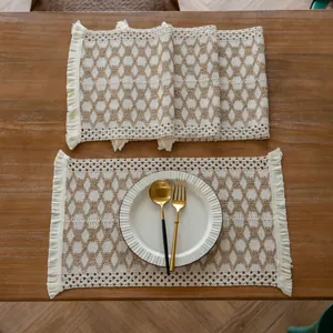 Boho farmhouse woven cotton linen placemat with elegant tassel trim