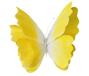 Close-up of yellow gradient felt butterfly decoration with pearl beads