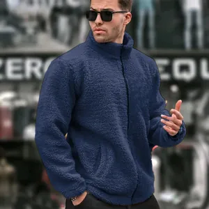 Detailed view of navy blue sherpa fleece jacket with stand collar for men winter fashion