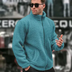 Men's stand collar teal fleece jacket with full zipper and side pockets