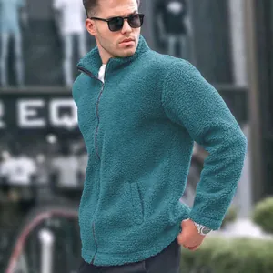 Men's teal sherpa fleece jacket with a stand collar and high-quality zipper detail