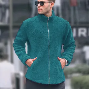Casual men's teal fuzzy fleece jacket featuring a stand collar and full zipper closure