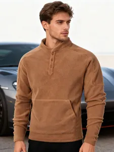 Premium mens brown fleece pullover sweatshirt featuring standing henley collar and pocket