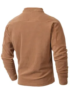 Back view of a men's slim fit camel fleece sweatshirt featuring a stand-up collar