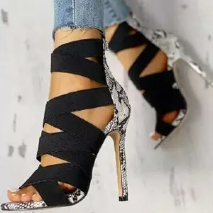 Sexy Roman Style Women High Heel Sandals Snake Pattern Cross Elastic Straps Back Zipper Stiletto Party Dress Shoes