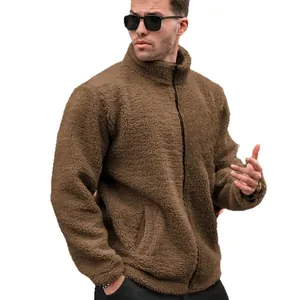 Men's casual brown sherpa fleece zip-up jacket with stand collar for winter warmth