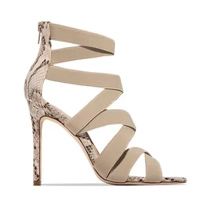 Roman style stiletto sandals with elastic straps and chic snake skin print