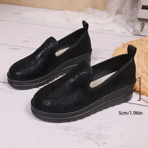 Close-up of black snakeskin platform loafers showing the 5cm / 1.96in heel height.