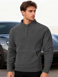Detailed close-up view of a men's slim fit grey fleece henley sweater with stand collar