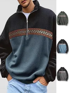 Herren Outdoor Casual Langarm Jacquard Halb Reißverschluss Sweatshirt Top Farbblock Verdickt Polar Fleece Pullover Smart Casual