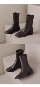 Detailopname van bruine retro laarzen met vierkante neus en middelhoge hak in zacht soepel leer