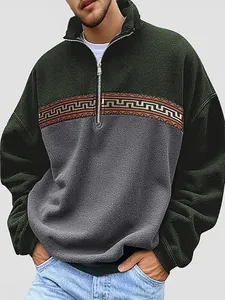 Herren Fleece-Sweatshirt mit halbem Reißverschluss, grün-graues Colorblock-Ethno-Muster