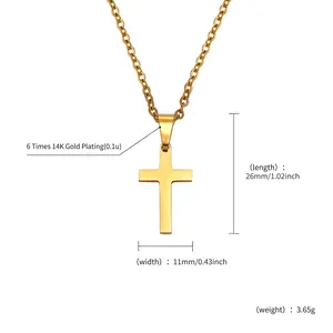 Close-up detail of a 14K gold plated stainless steel cross pendant showing exact dimensions.