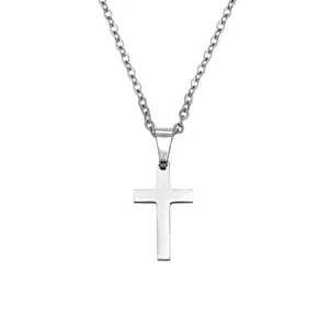 Detailed view of a polished stainless steel cross pendant necklace on white background.