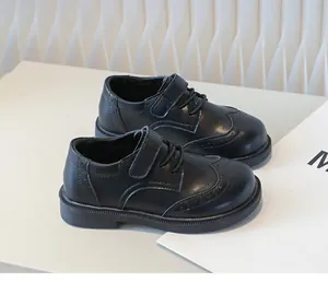 Classic boys black Brogue leather shoes with adjustable velcro strap for school and performance