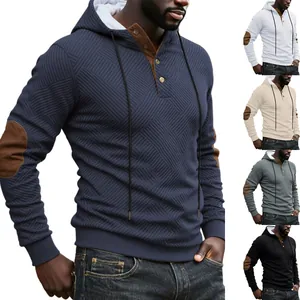 Men's heavy textured hoodie with button neck and elbow patches shown in multiple colors