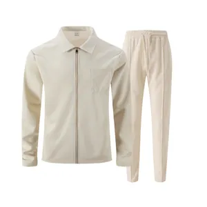 Detailed view of off-white waffle knit texture on this men's slim fit zip-up jacket set