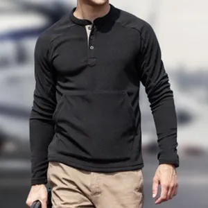 Detail of men's slim-fit long-sleeve black Henley sweatshirt with front kangaroo pocket
