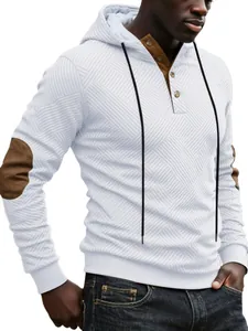 White textured men's hooded sweatshirt with brown elbow patches and button collar