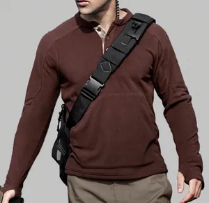 Men's brown slim fit tactical fleece sweatshirt with thumbholes and shoulder strap detail