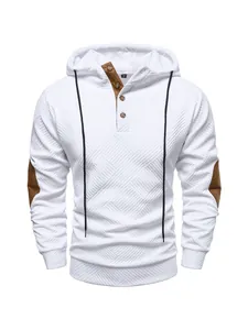 Front view of white heavy textured hoodie with buttoned collar details