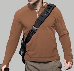 Detailed view of men's slim brown sweatshirt with stand collar and thumbholes